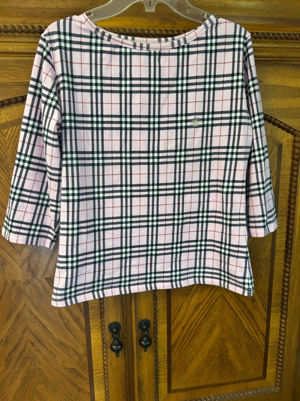 Burberry pink plaid 3/4 sleeve top. Size M. EUC